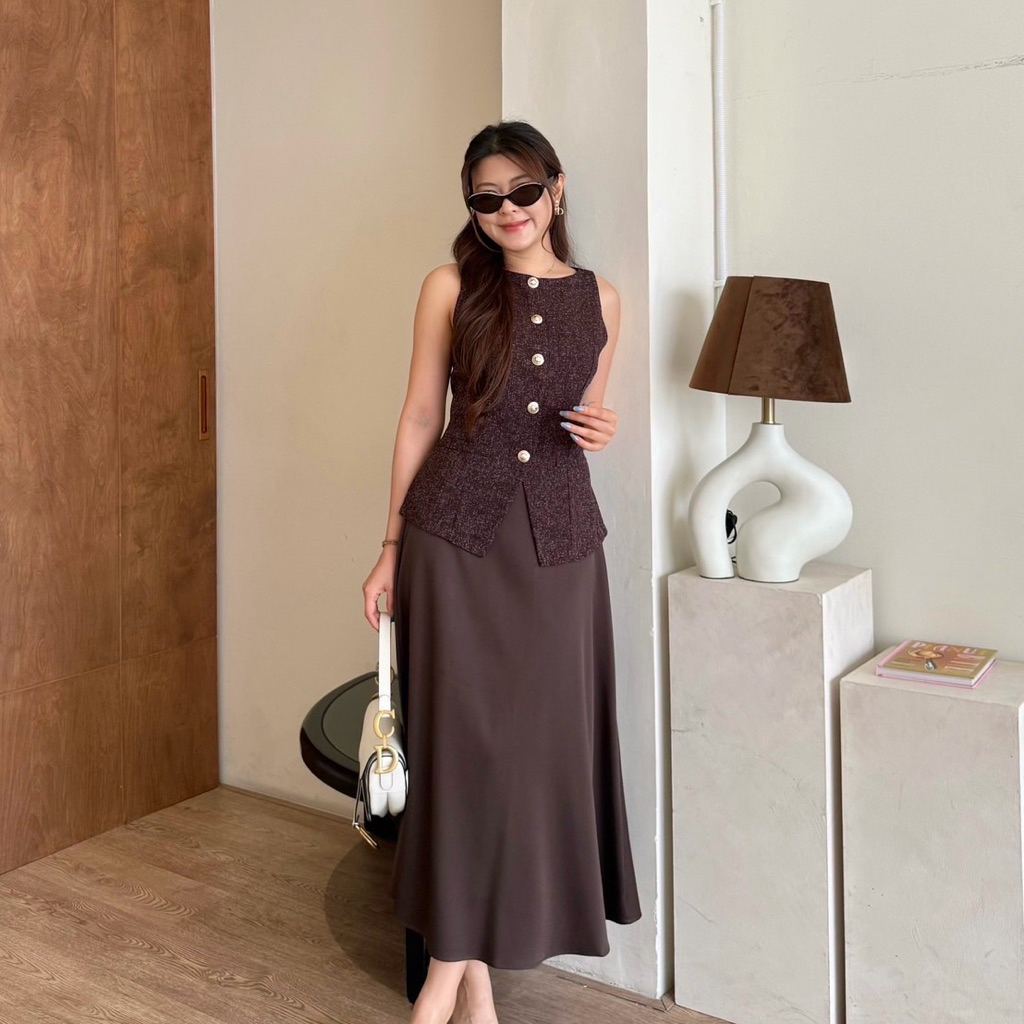 [ READY ] BETTY Ballet Set #BTT16 | Setelan wanita tweed sleeveless top + long skirt - elegant style
