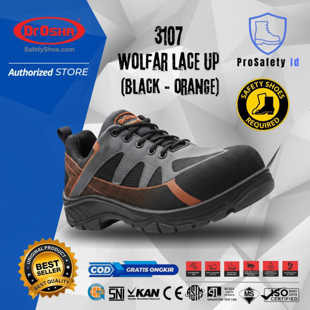 Sepatu Safety Dr OSHA Wolfar 3107 S1 Composite Safety Shoes - Black Orange