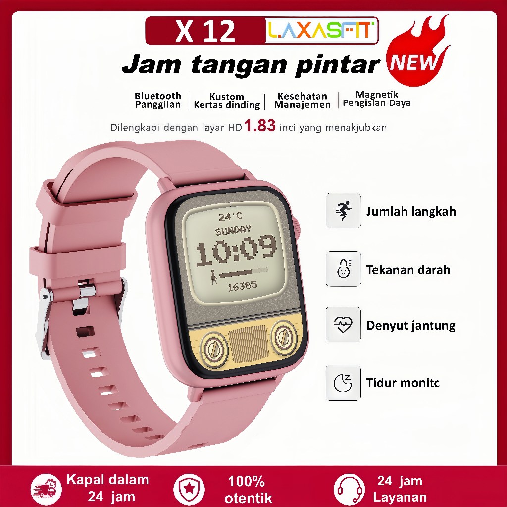 LAXASFIT X12 smartwatch baru IP68 tahan air Bluetooth detak jantung monitor, mode olahraga Hadiah
