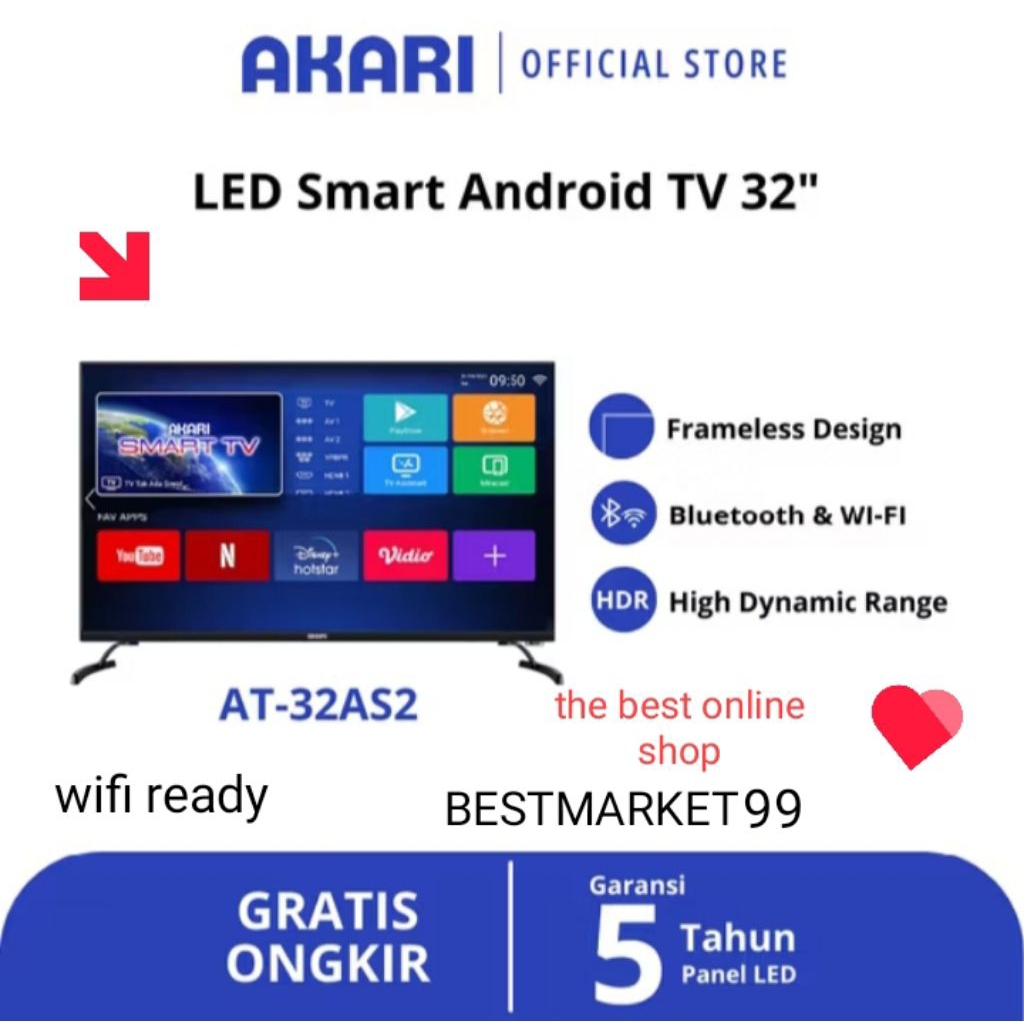PROMO SMART ANDROID TV LED DIGITAL AKARI AT 32AS2 UKURAN 32 INCH