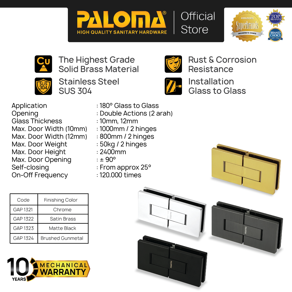 PALOMA Engsel Shower Hinge Pintu Kaca Kamar Mandi Jepit Penjepit Partisi Box Kaca ke Kaca Glass to G