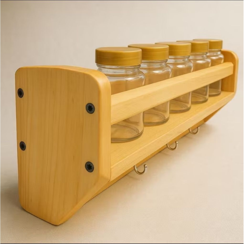 rak kayu bumbu dapur serbaguna, |rak toples gantung kayu |premium