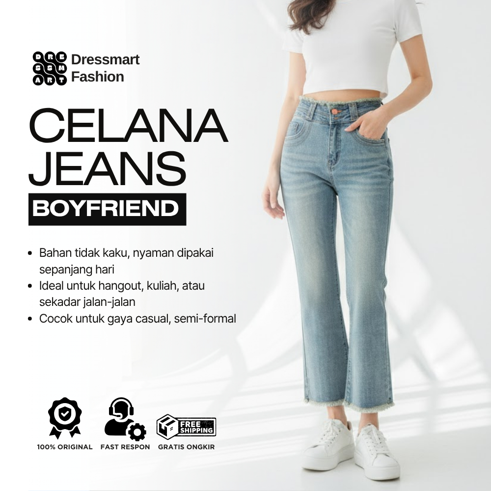 Dressmart - CELANA JEANS MODEL BOYFRIEND IMPORT / Celana Jeans Wanita Bootcut Cropped Raw Hem Highwa