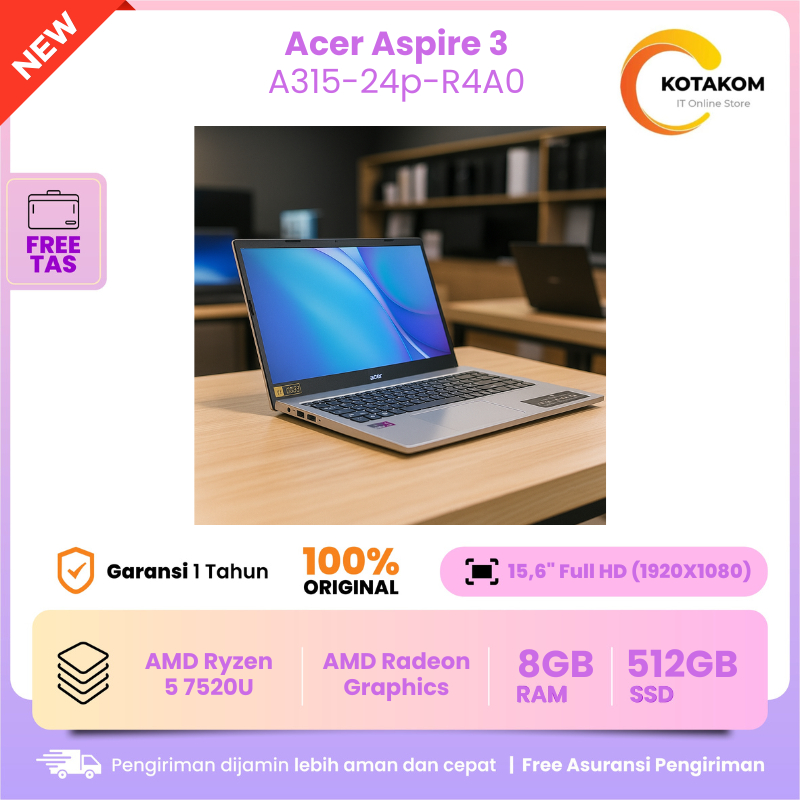 Laptop Multitasking Terbaik Untuk Pekerja ACER ASPIRE 3 A315AMD RYZEN 5-7520U | 512GB | 8GB | 15"FHD