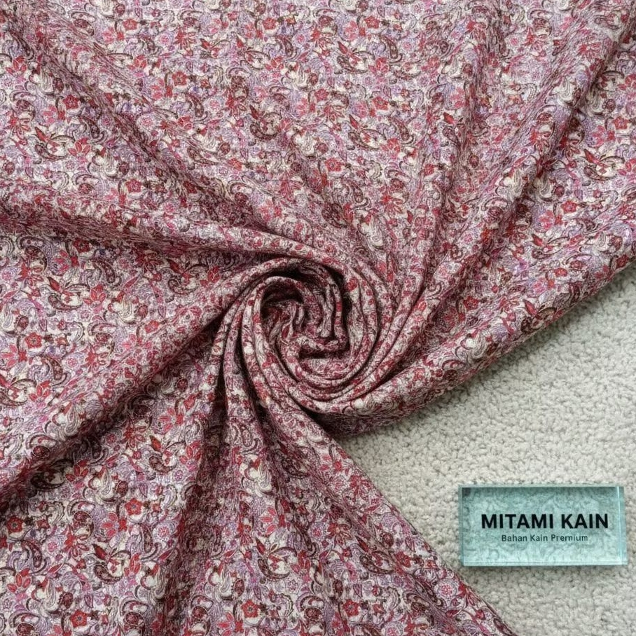 Kain Rayon Viscose Motif Floral Paisley Padat Merah Ungu | Bahan Dress, Gamis, Tunik Adem (Harga Kai