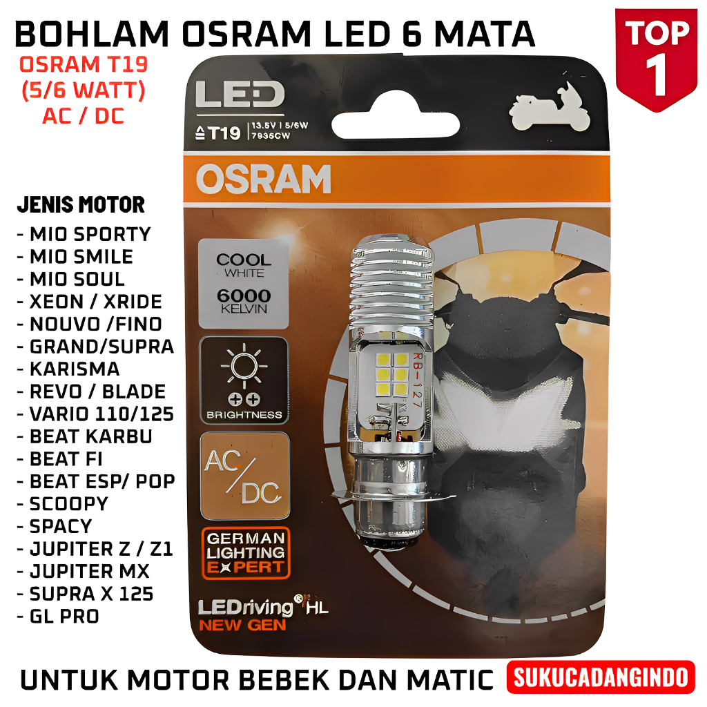 Bohlam Lampu OSRAM Led 6 Mata Mio Sporty / Mio Smile / Mio Soul / Supra X 125 / Karisma / Blade / Re