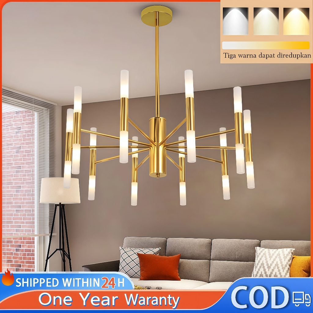 Lampu Gantung Aesthetic Emas Lampu Gantung Modern Led Tiga Warna Lampu Gantung Kamar Tidur Restoran 