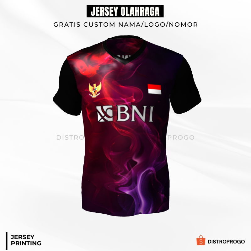 Kaos Jersey Badminton Hitam Merah Ungu Motif Asap 92 - Jersey Olahraga Custom Full Printing