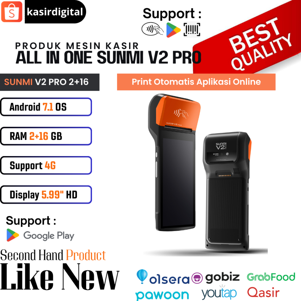 Mesin Kasir Android Sunmi V2PRO 4G NFC Scanner Playstore - Second Like New