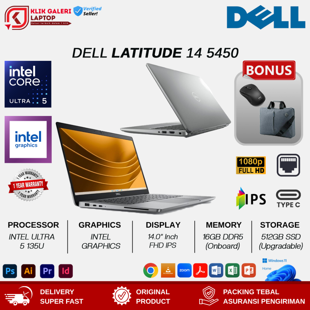 Laptop Dell Latitude 14 5450 Intel Ultra 5 135U 16GB DDR5 1TB SSD 14 Inch FHD IPS Win 11 Pro Grey