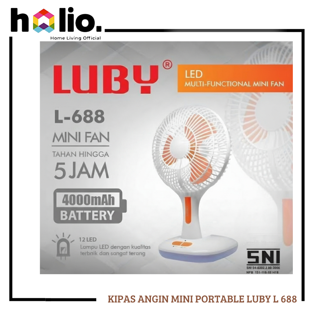 Holio LUBY Kipas Angin Mini Portable Fan 6 Inch + Lampu Emergency 12 Pcs SMD LED 4000mAh Tahan 5 Jam