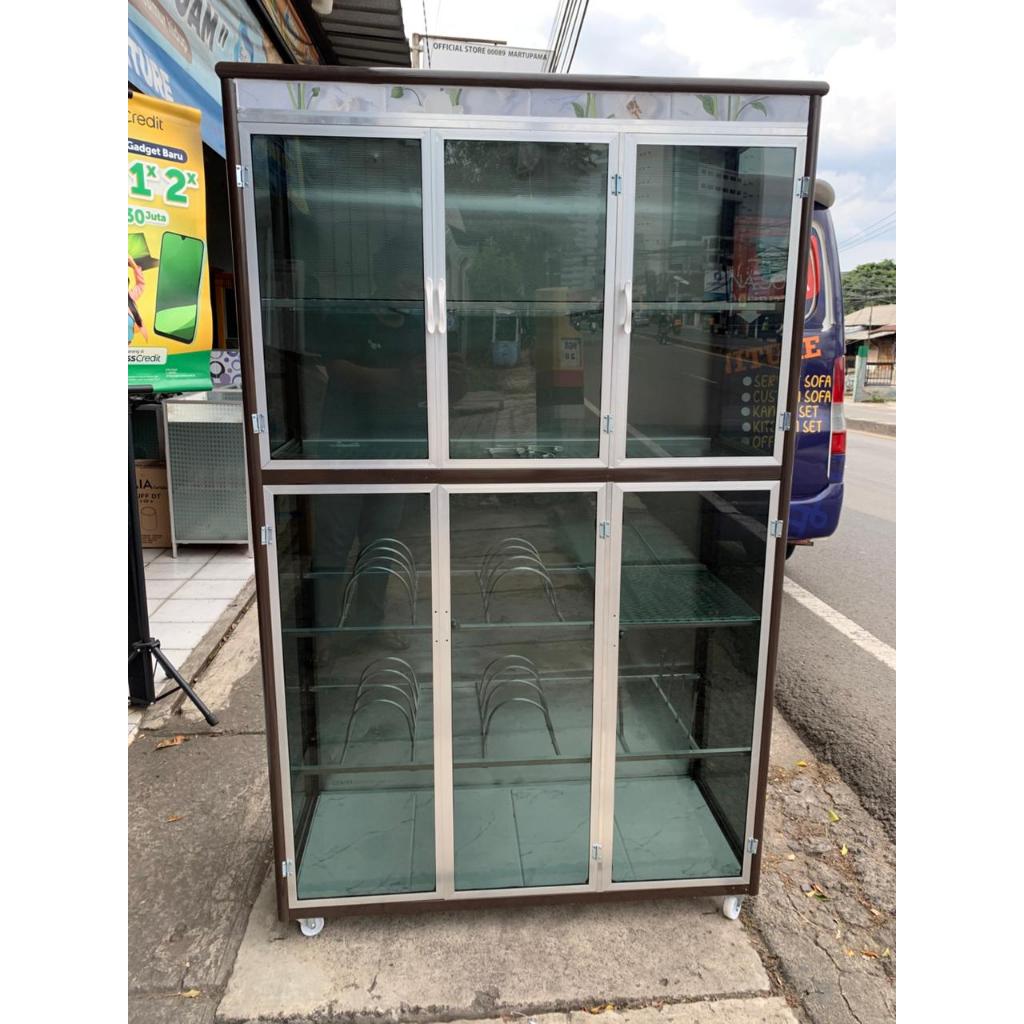 Rak Piring Aluminium Fullbox  3 Pintu  Warna Rangka Tebal, Kaca Riben + Roda