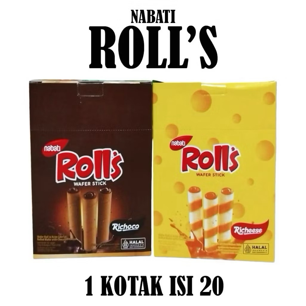 NABATI ROLLS WAFER STICK KEJU / COKLAT 1 BOX ISI 20 PCS / NABATI ROLL'S 500