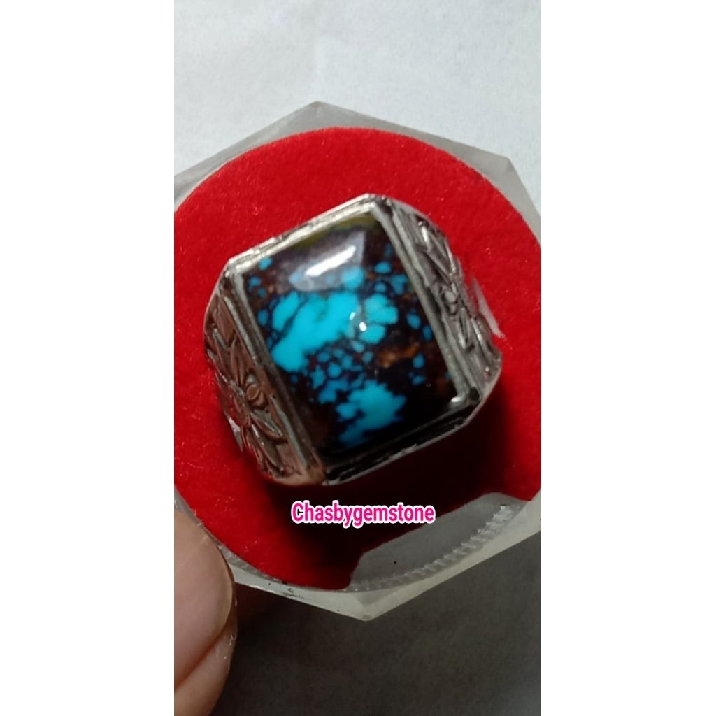Cincin Batu Pirus Persia blue fancy-Pirus Persia serat kura biru fancy