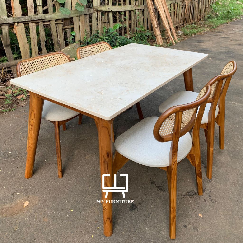 meja makan minimalis kayu jati, meja makan kayu jati top marmer, meja makan murah kayu jati
