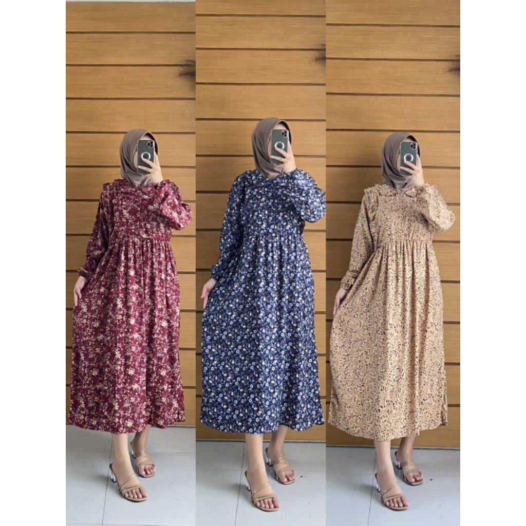 Midi dress rayon jumbo Midi dress motif Midi dress busui Gamis midi terbaru Gamis midi motif bunga G