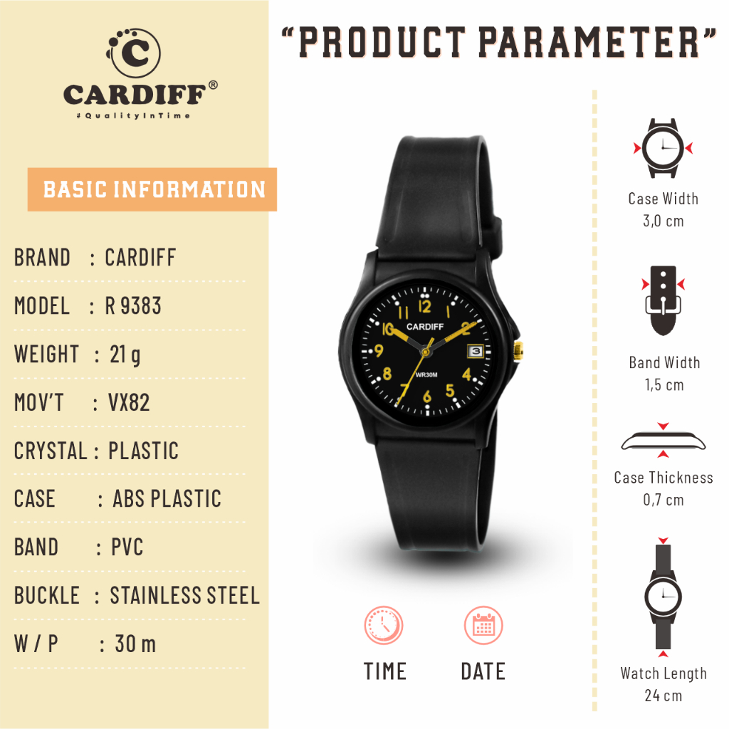 CARDIFF Jam Tangan Analog Karet 9383 (Tanggal & Tanpa Tanggal) | Tahan Air | 3ATM