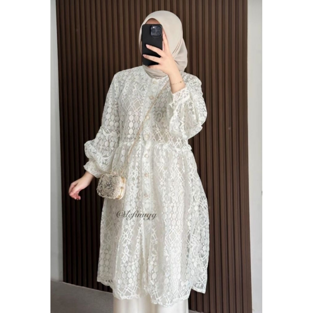 Gardenia Outer Broken White| Outer tulle tille bordir| Outer Tulle putih| Tunik Putih| Baju Pesta| O