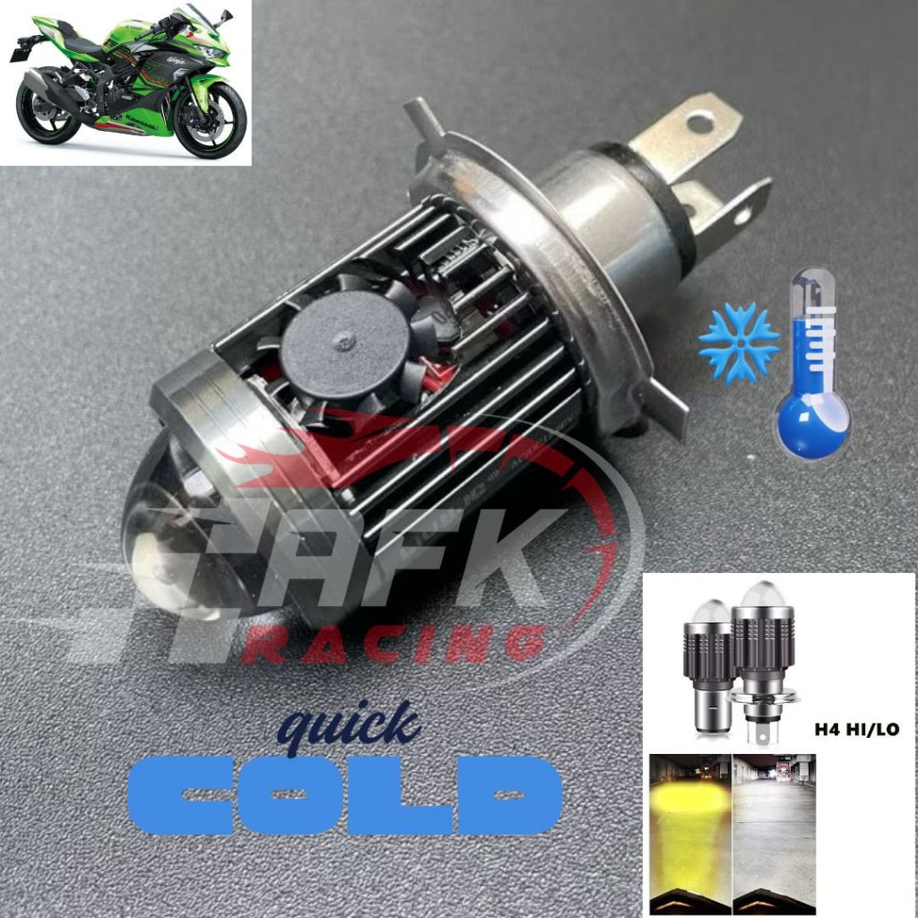 Lampu LED Depan H4 kipas pendingin lasergun 2 sisi 2tone kuning / putih kaki 3 motor vixion ninja dl