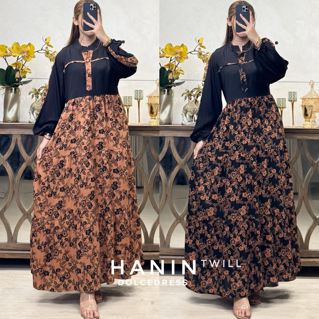 Dolcedress Gamis HANIN Maxi Dress Motif Mix Polos Lengan Panjang Bahan Rayon Twill