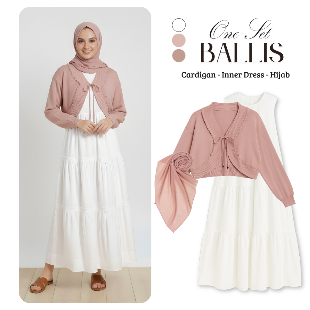 Ballis One Set 3in1 Ootd Kekinian Wanita | Cardigan Bolero Rajut Tali Pink - Inner Dress Ruffle Puti