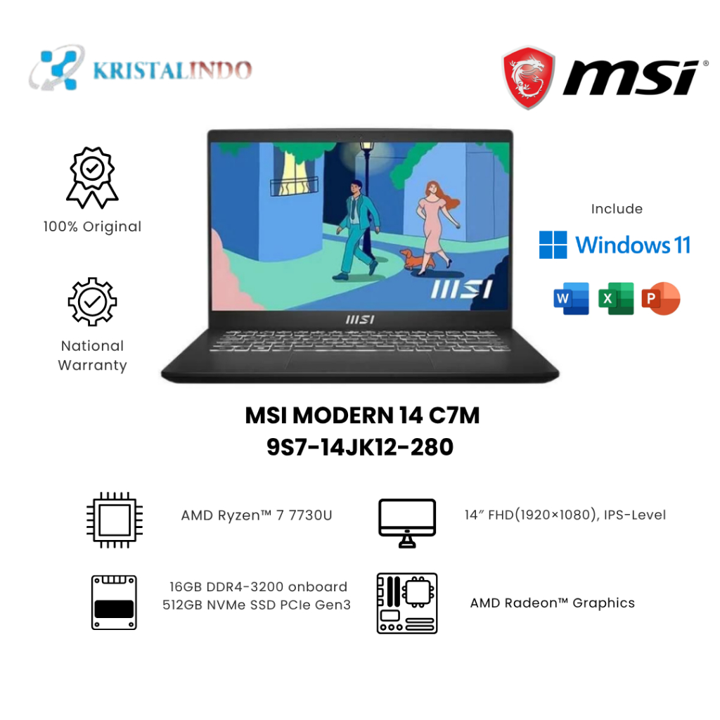 MSI Modern 14 C7M (1280) - Ryzen 7-7730U 16GB 512GB SSD 14 FHD W11 + OHS