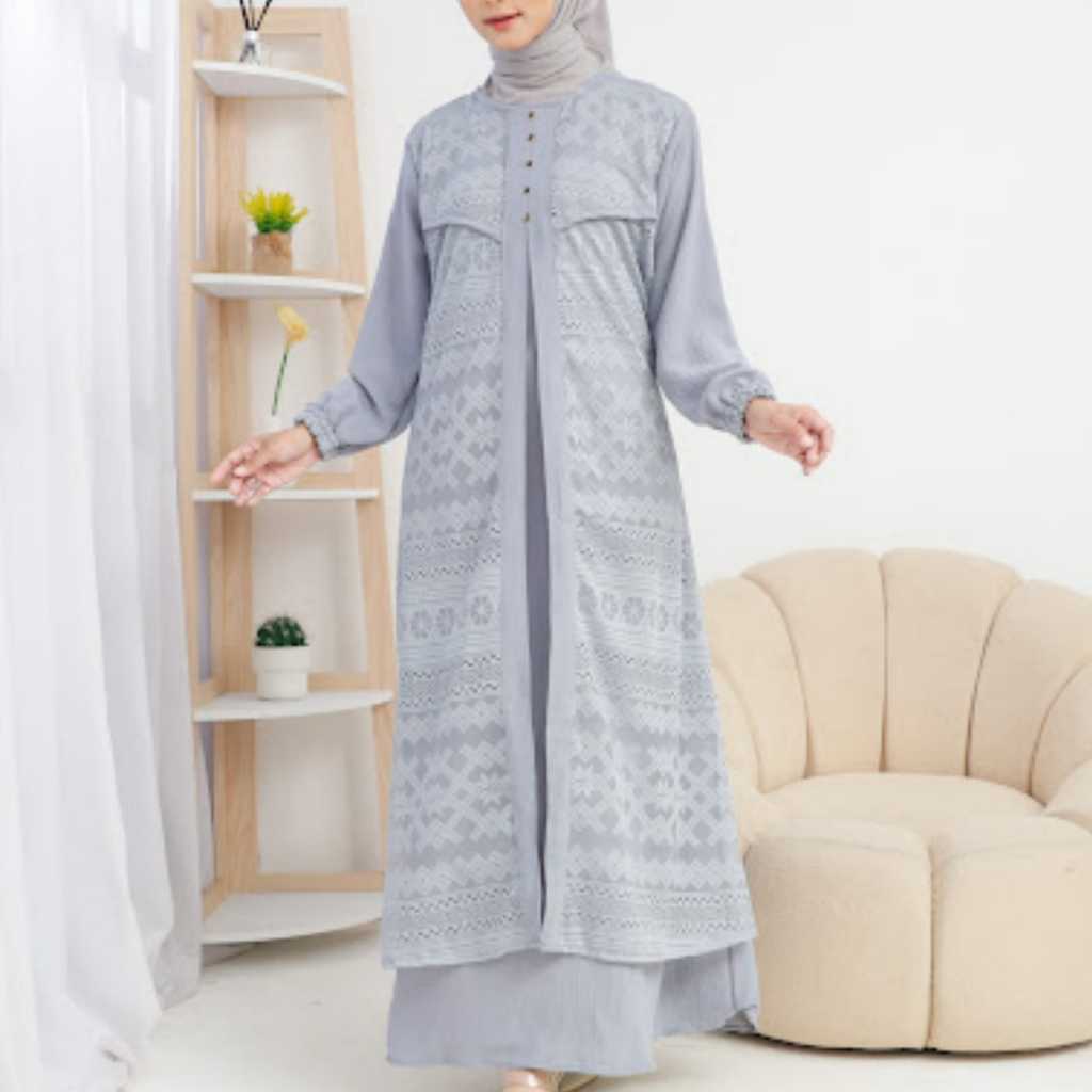 Gamis Dress Wanita Mixx Brukat Polos Lengan Panjang Jumbo By AZKA Collection