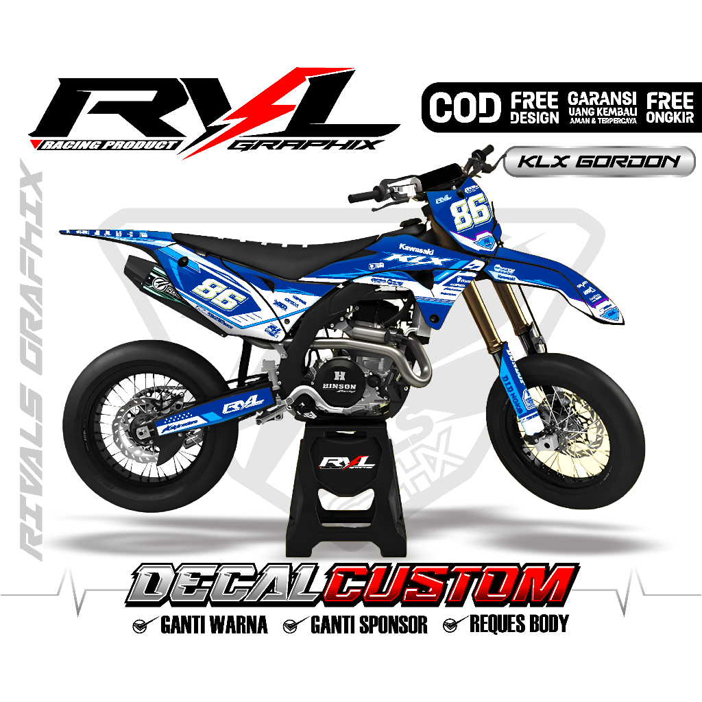 custom decal sticker klx gordon full body biru putih