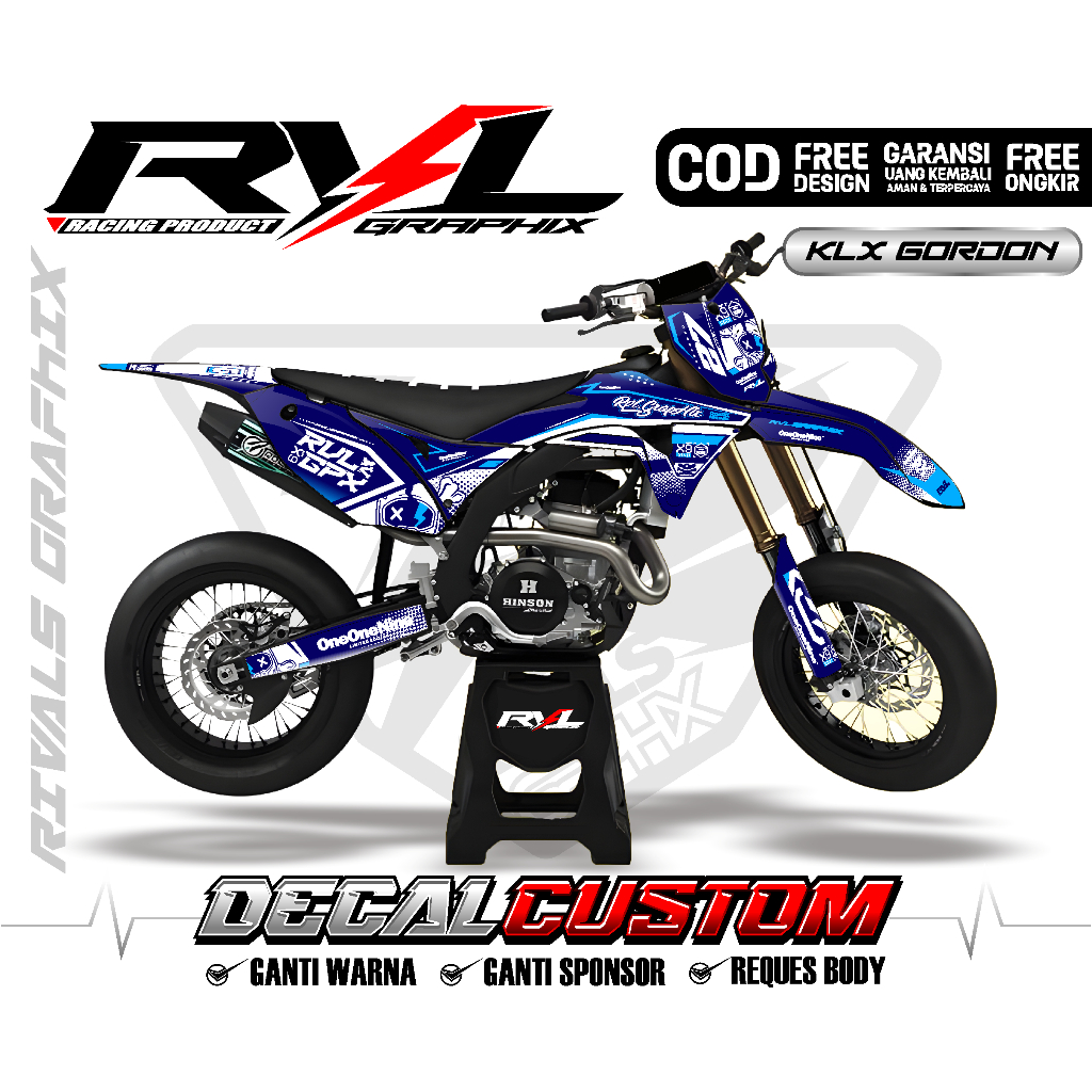 Decal sticker klx gordon full body custom gambar hologram /chrome/tebal premium biru