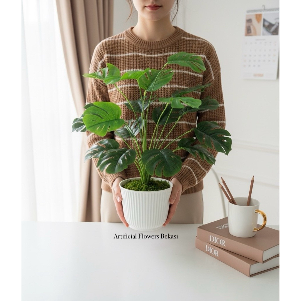 SG/DAUN MONSTERA 5818 BESAR + POT 8828 /TANAMAN HIAS ARTIFISIAL BUNGA PALSU DAUN PLASTIK DAUN BAGUS