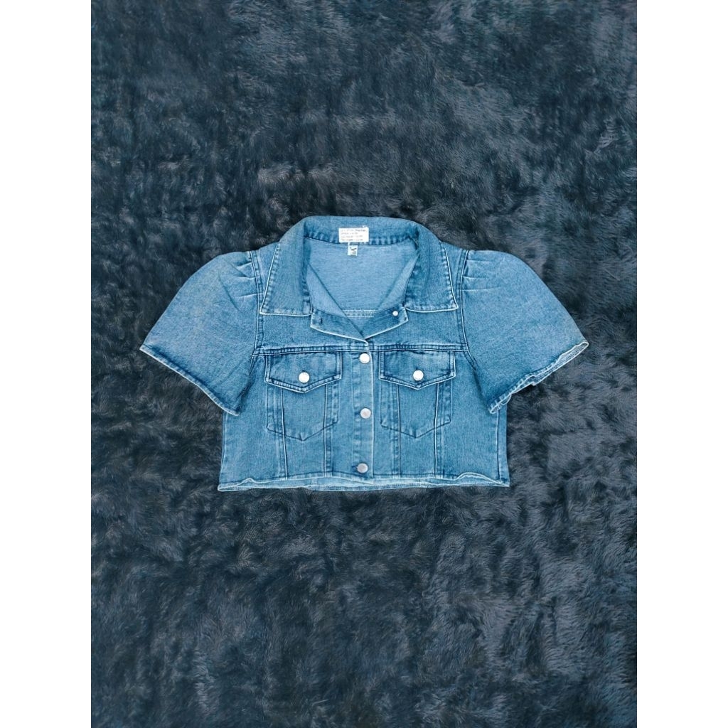 ULIA Women Sky Blue Jeans Denim Short Puff Sleeve Crop Jeans Jacket/ Outer Jeans Wanita Model Crop L