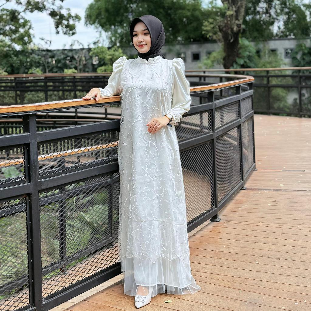 Farzola Dress Satin Premium Mix Tile  dan Soft Tulle Long Dress Muslimah Pesta
