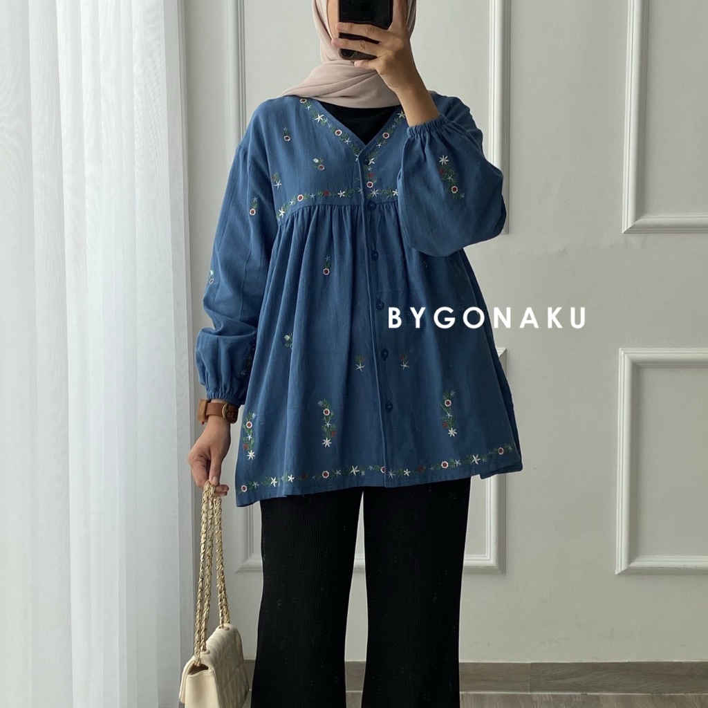 [GONAKU] Vivian Embroidery Top Blouse | Busui Friendly | Bigsize Oversized Shirt | Kemeja Linen Wani