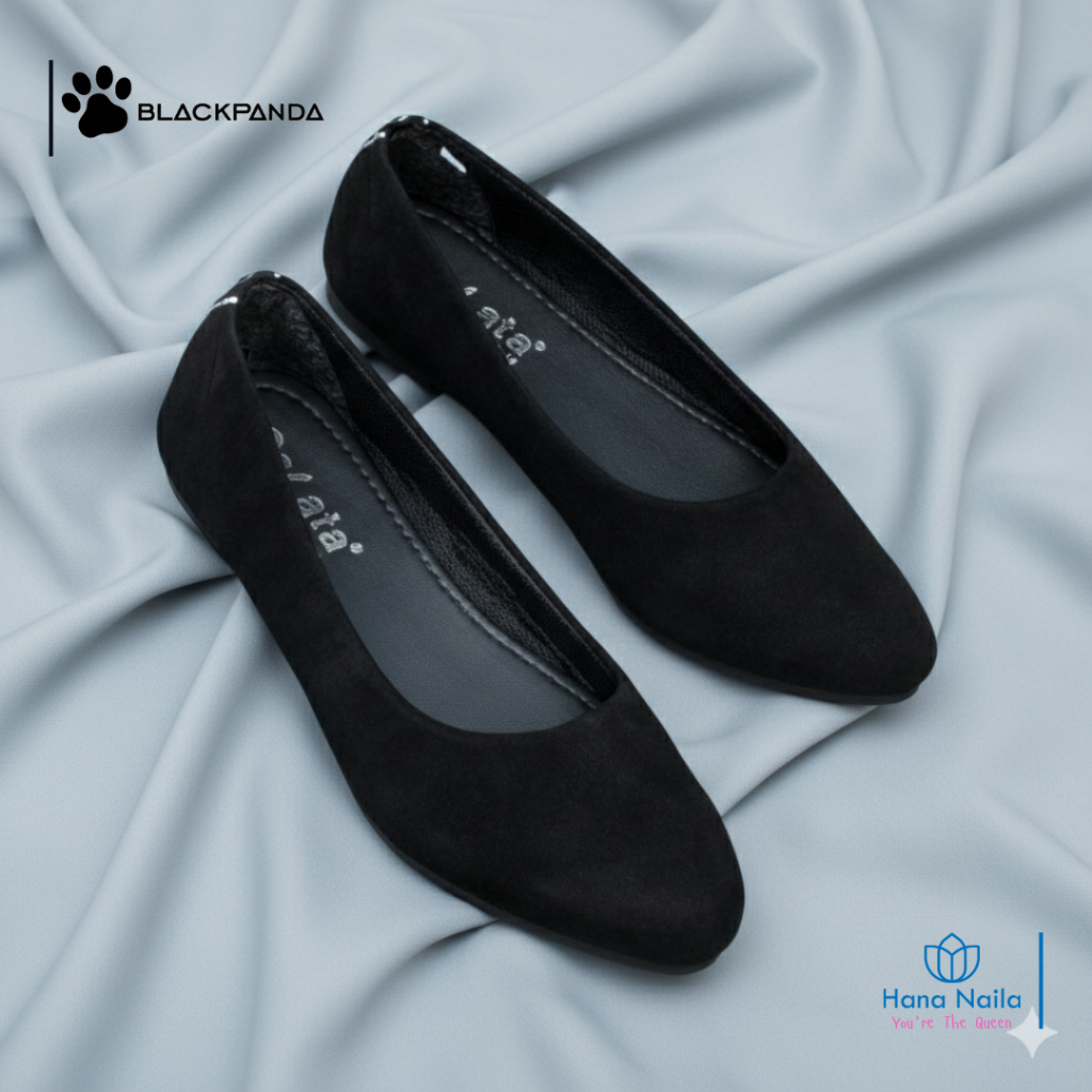 Sepatu Wanita Plat Shoes Blackpanda Galata Gemini Polos Flat Shoes Hitam Sepatu Kerja | Hana Naila