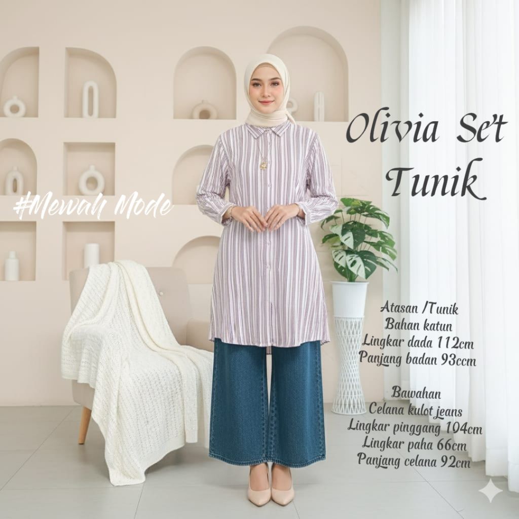 Setelan Tunik Wanita Salur Set Kulot Jeans Terbaru/Oneset Wanita Tunik  Set Rok Span Jeans Muslimah