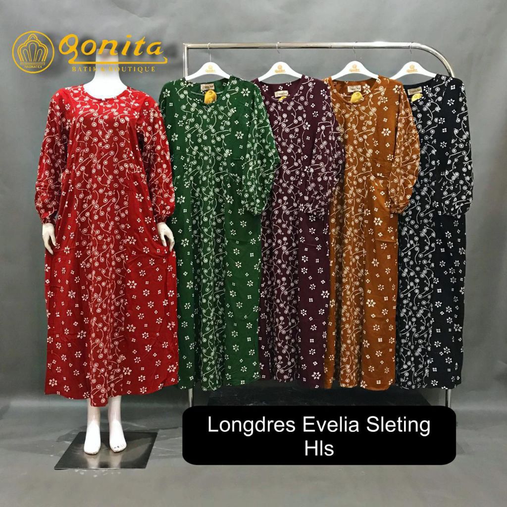Long Dress {Ld 110 Cm} Batik Qonita Lengan Panjang Busui Friendly ll Long dress Evelia Sleting Gamis