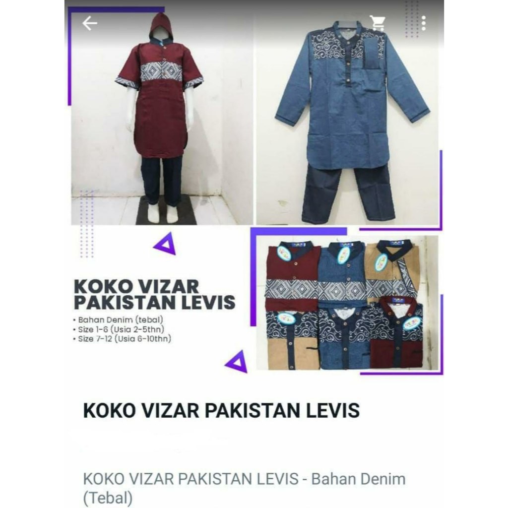 VIZAR Setelan Baju Koko Muslim Anak Laki-Laki – Bahan Katun Denim Adem Tebal Size 4–15 Tahun