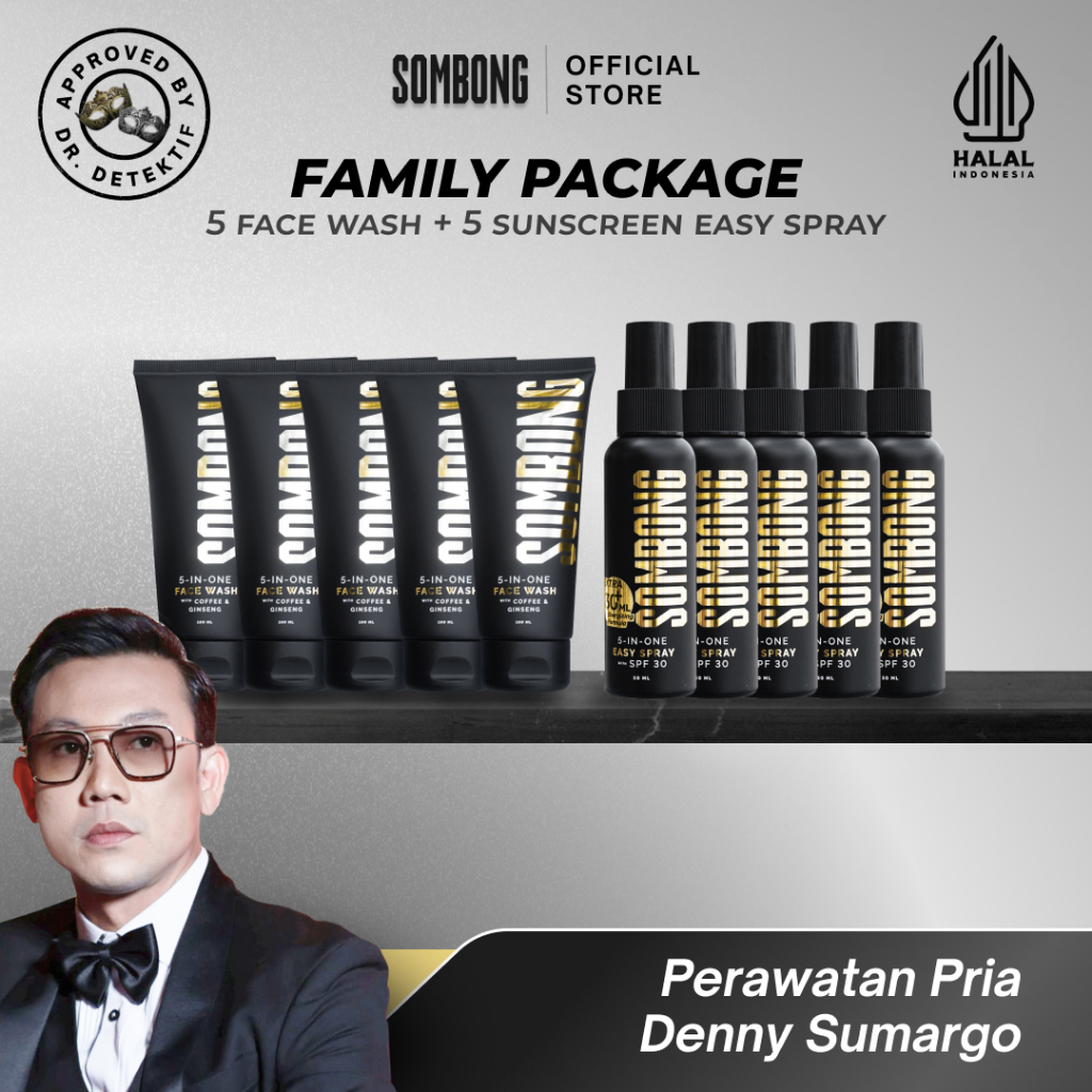 SOMBONG Paket Family Ganteng Ga Ribet 5-in-1 Face Wash Pria + Sunscreen Spray with SPF 30 Sunscreen