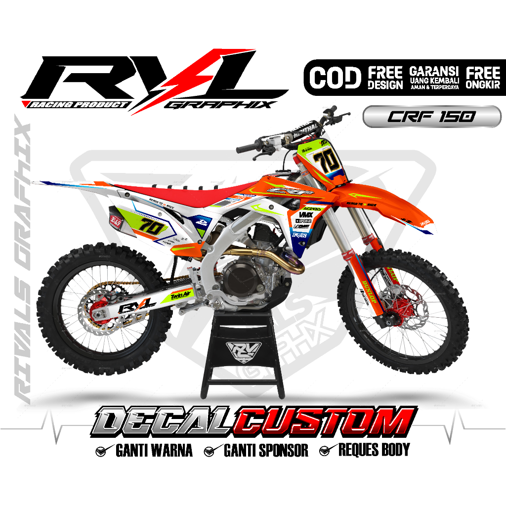 Decal Sticker CRF 150/250/450 Full Body Custom Premium Terbaru putih orange stabilo