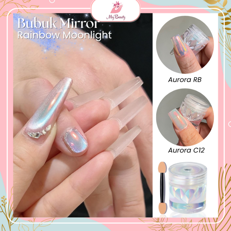 MSY Bubuk Mirror Rainbow Moonlight / Bubuk Aurora Mirror/Chrome Shiny Powder Nail Art/ Untuk Dekoras