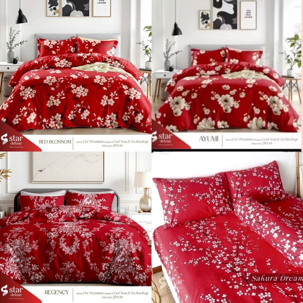 SPREI KATUN LOKAL STAR MOTIF BUNGA MERAH