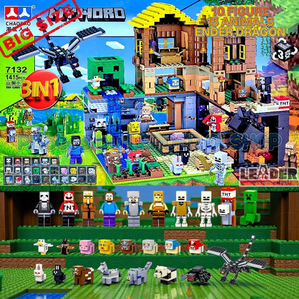 BRICK MINECRAFT MY WORLD THE CAVE HUT FULL SET UKURAN BESAR 3 MODEL ARENA PARTS 1415 Pcs ENDER DRAGO