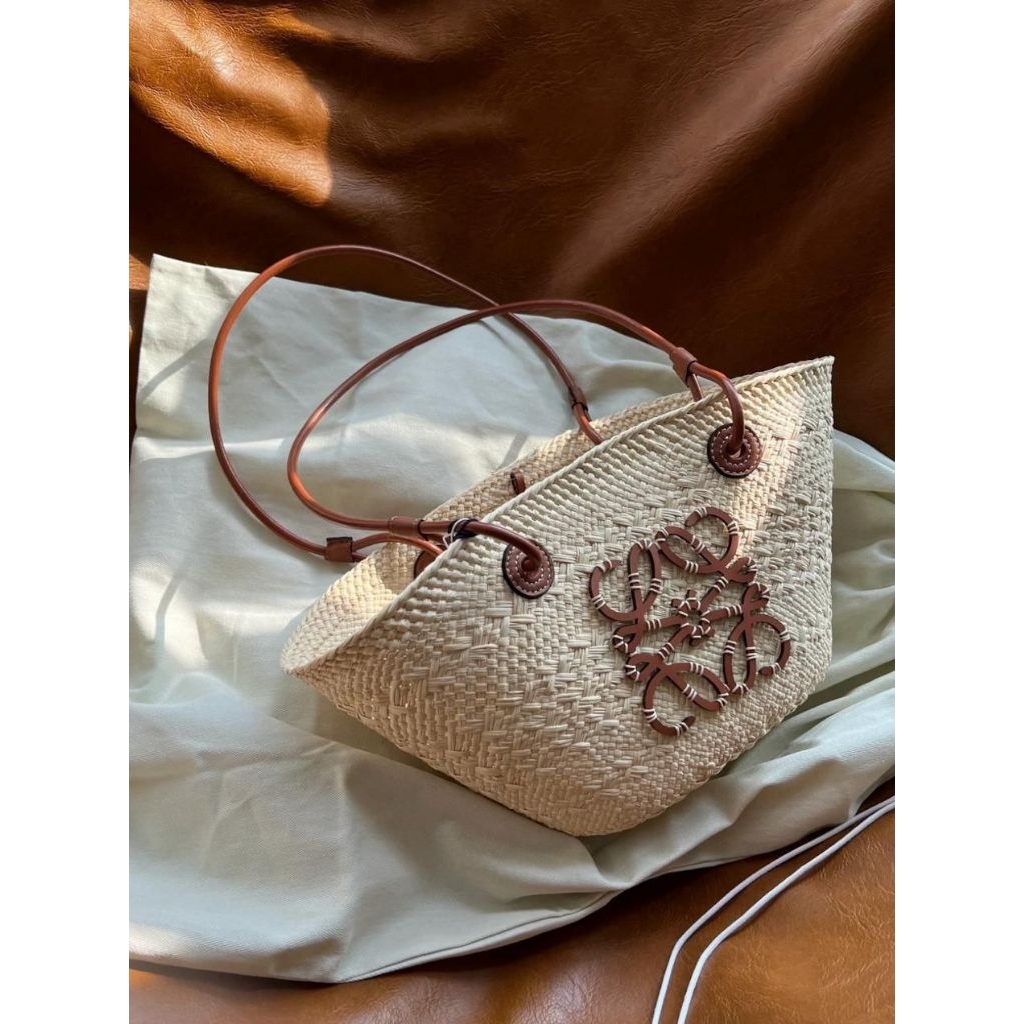 Loewe small anagram basket bag in natural/tan iraca palm