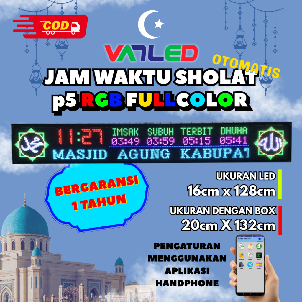 Jam Sholat Digital Masjid Jam Waktu Sholat Digital Otomatis Masjid RGB Full Color P5 20x132cm