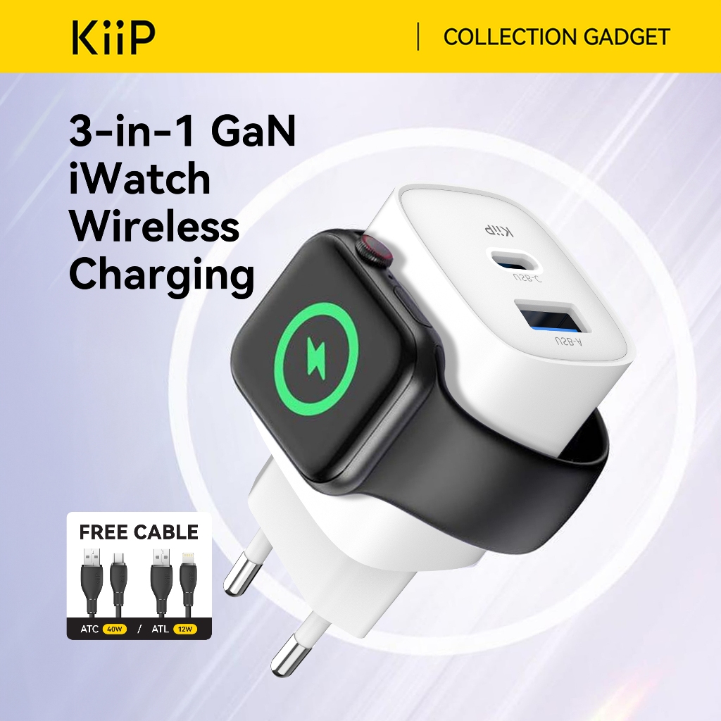 KiiP WH32 Adapter Charger 3in1 Fast Charging GaN6 22W USB-A/USB-C/iWatch Wireless Charging