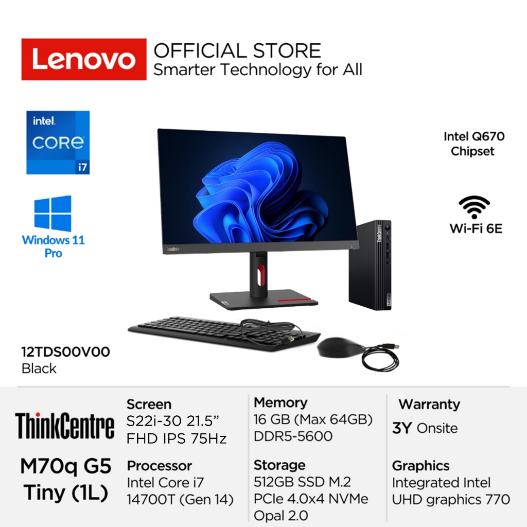 Lenovo PC ThinkCentre M70q Tiny Gen5 0V00 Intel Core i7 14700T vPro Win11 Pro 16GB DDR5 512GB SSD In
