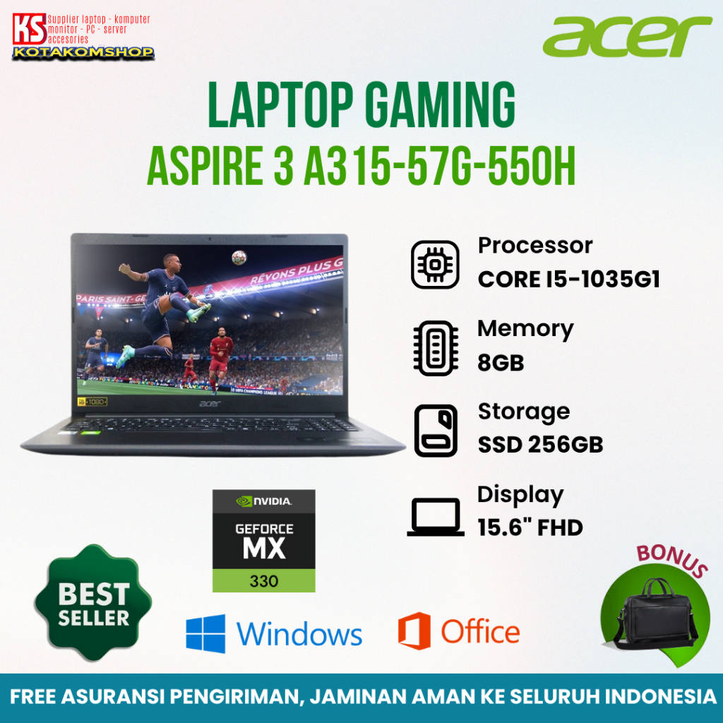 LAPTOP GAMING ACER ASPIRE 3 A315-57G-550H - CORE i5 GEN10 RAM 8GB 256GB SSD VGA MX330 2GB 15.6"FULL 