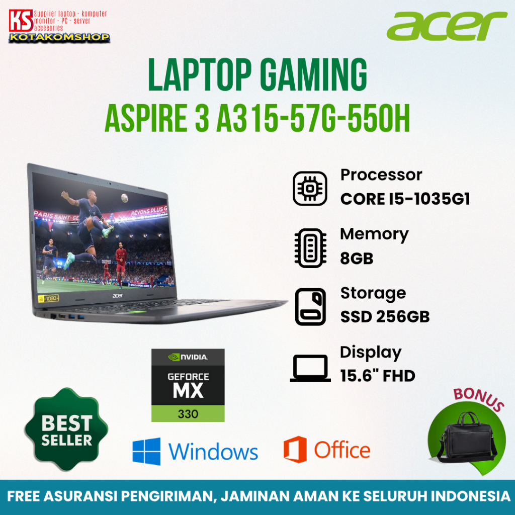 PROMO Laptop Gaming Acer Aspire 3 A315-57g-550h - Core I5 Gen10 Ram 8gb 256gb Ssd Vga Mx330 2gb 15.6