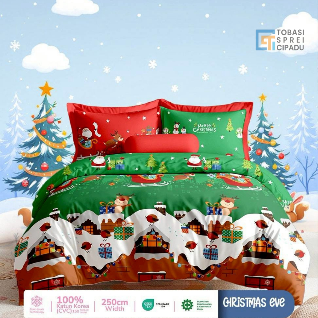 STOK TERBATAS!! Sprei Natal Antigeser Katun Motif Christmas Eve Ukuran 120x200 160x200 180x200