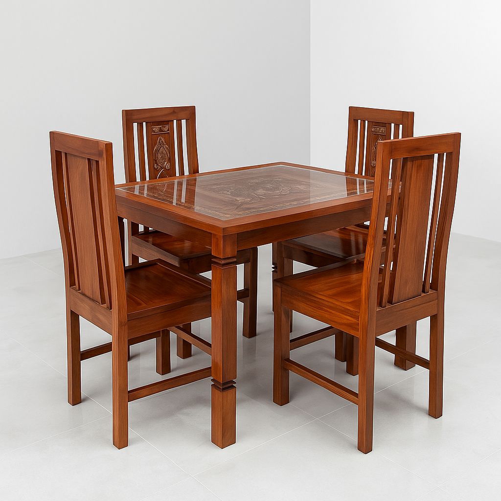 meja makan kayu jati minimalis 4 kursi ukir kaca